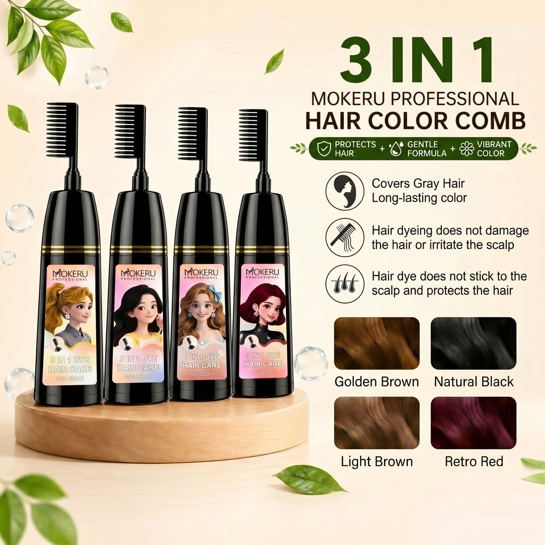 MOKERU Herbal Hair Dye Comb | Easy Hair Coloring at Home | Mess-Free, Even Coverage | Natural Plant-Based Formula | Soft,Shiny Results | 200ml